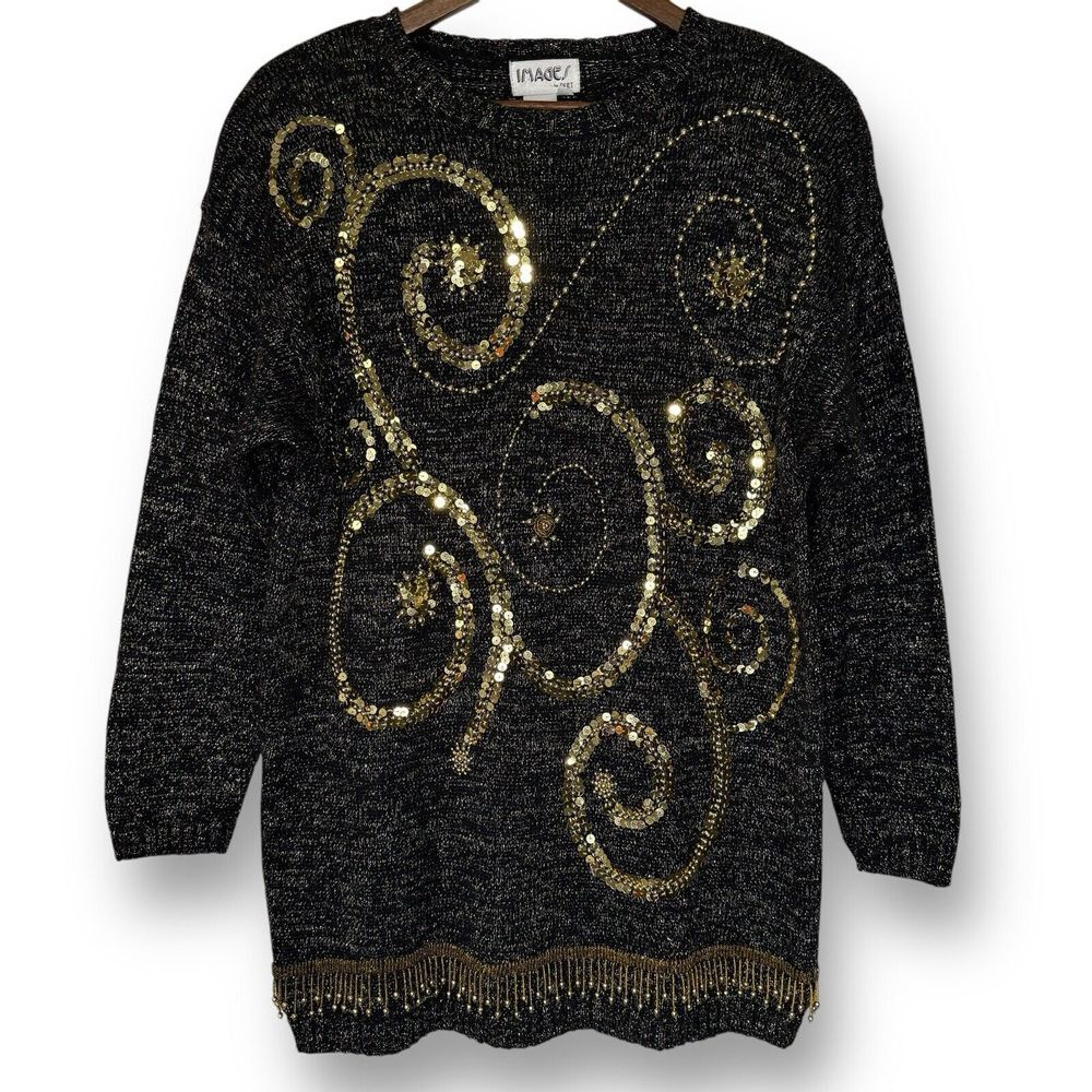 Vintage 80s Fashion Sequin Beaded Sweater Medium Whimsical Celestial Holiday
